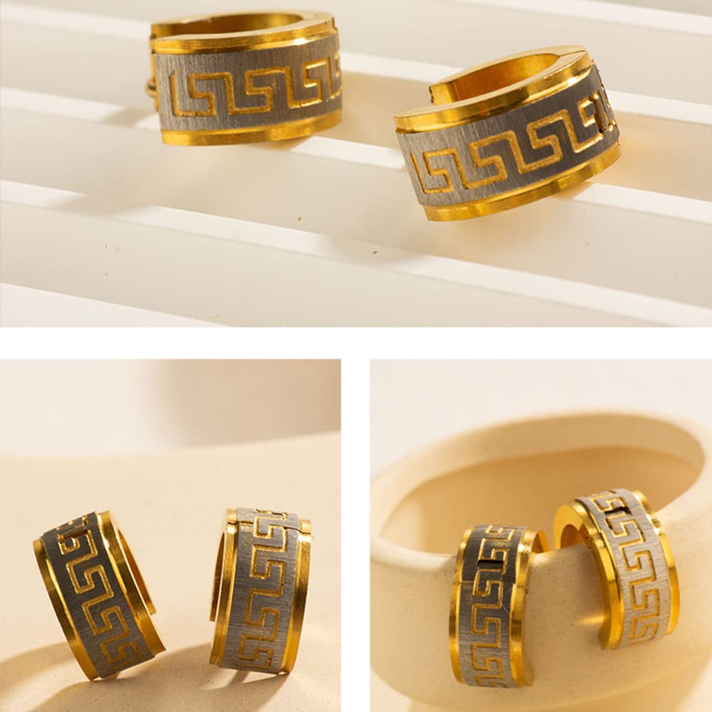 Rockyu ピアス メンズ ステンレス ブラック フープピアス 幾何学模様 幅広 リング 金属アレルギー対応