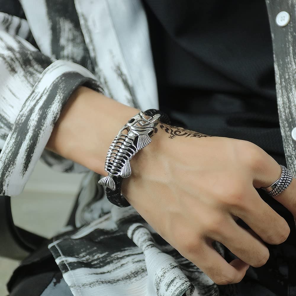 Rockyu メンズブレスレット 魚骨デザイン レザー×ステンレス ブラックアクセサリー