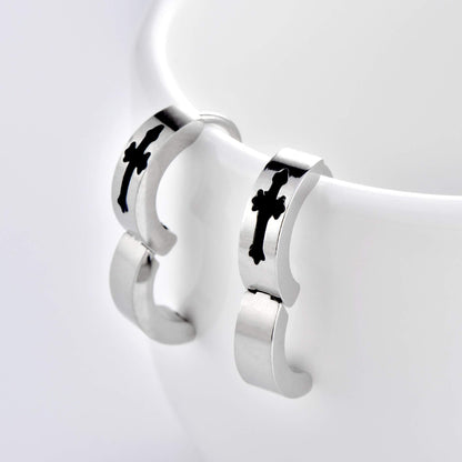 Rockyu メンズフープピアス シルバー クロスデザイン ブラックインレイ ステンレス製 金属アレルギー対応