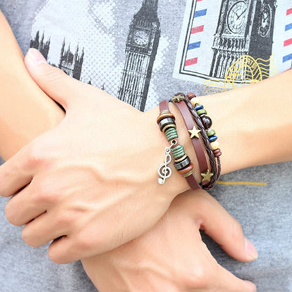 Rockyu ブレスレット メンズ レディース レザー 多連 星モチーフ 音符ペンダント 本革 編み込み ブラウン 数珠風 おしゃれ アクセサリー ギフト