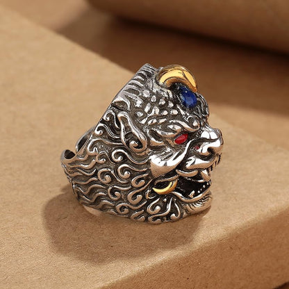 Rockyu 貔貅モチーフ シルバーリング 太めデザイン フリーサイズ メンズアクセサリー