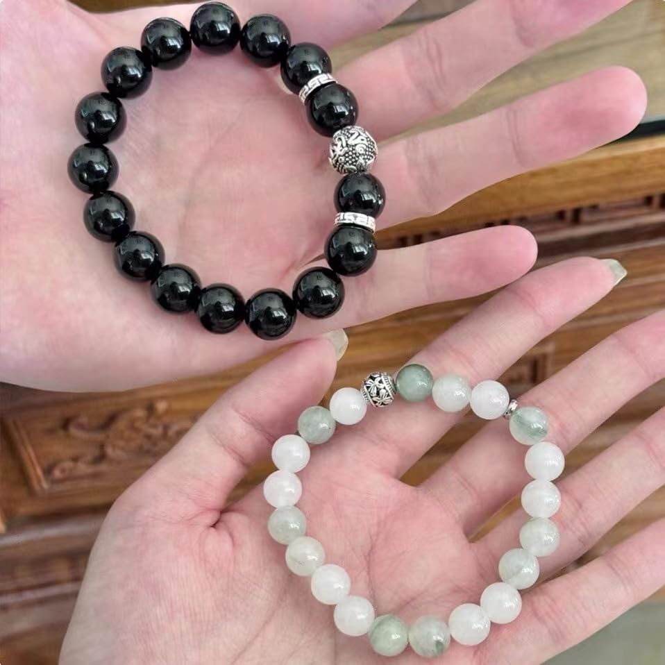 天然石ペアブレスレット｜ブラックオニキス＆翡翠｜開運・魔除け｜メンズ＆レディース
