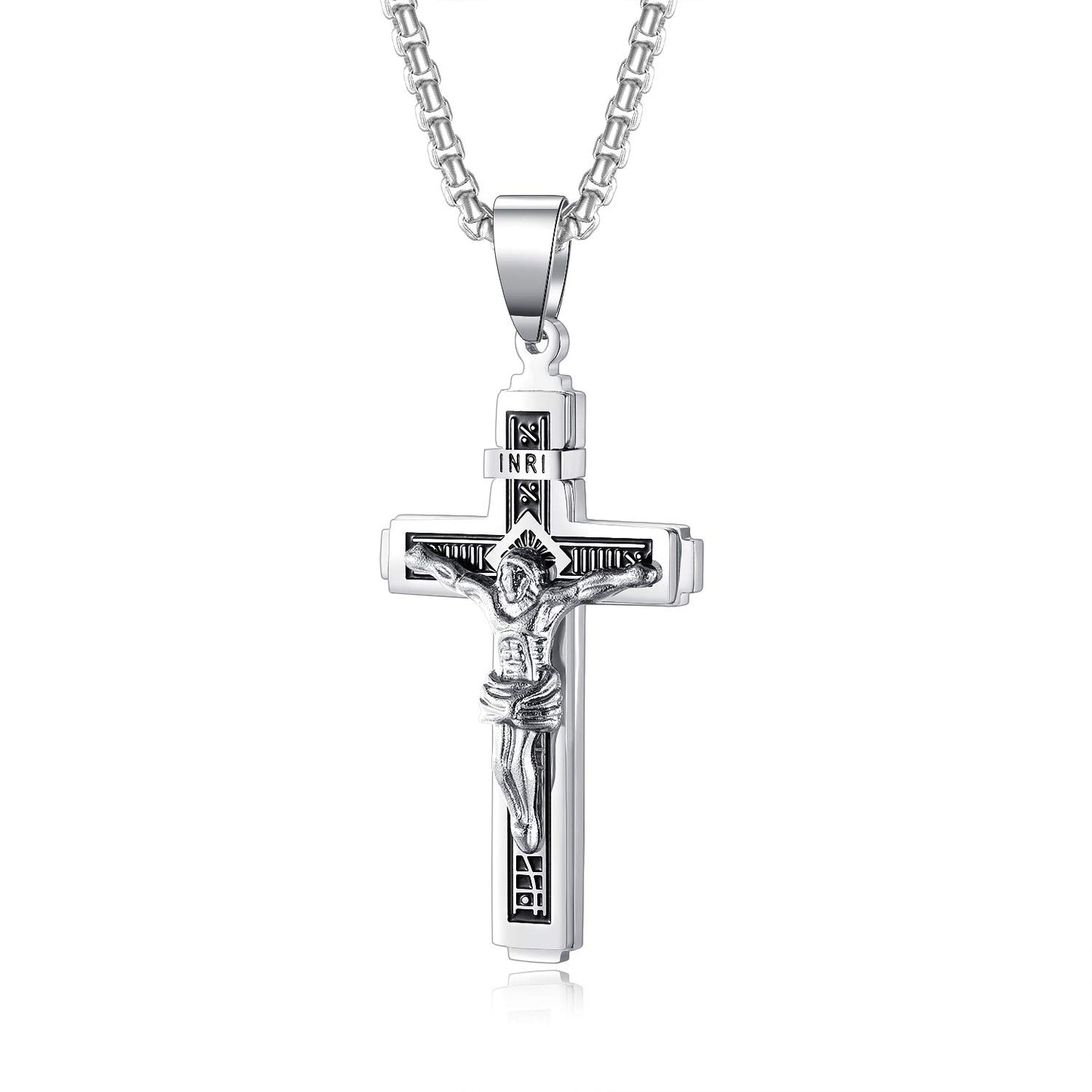 Rockyu ネックレス メンズ 十字架 ステンレス シルバー ゴールド クロスペンダント アンティーク風