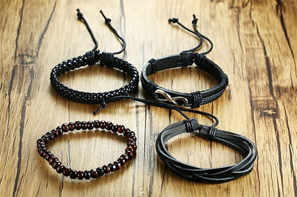 Rockyu ブレスレット メンズ 多重巻き 無限大 インフィニティ PUレザー 木製ビーズ 編み込み 幅広バングル アジアンエスニック ファッションアクセサリー