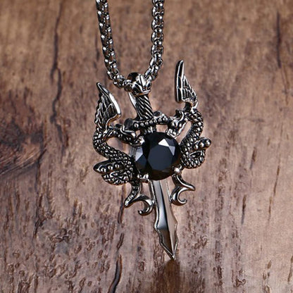 Rockyu ネックレス メンズ シルバー 龍×剣ペンダント ブラックジルコニア ステンレス 60cmチェーン