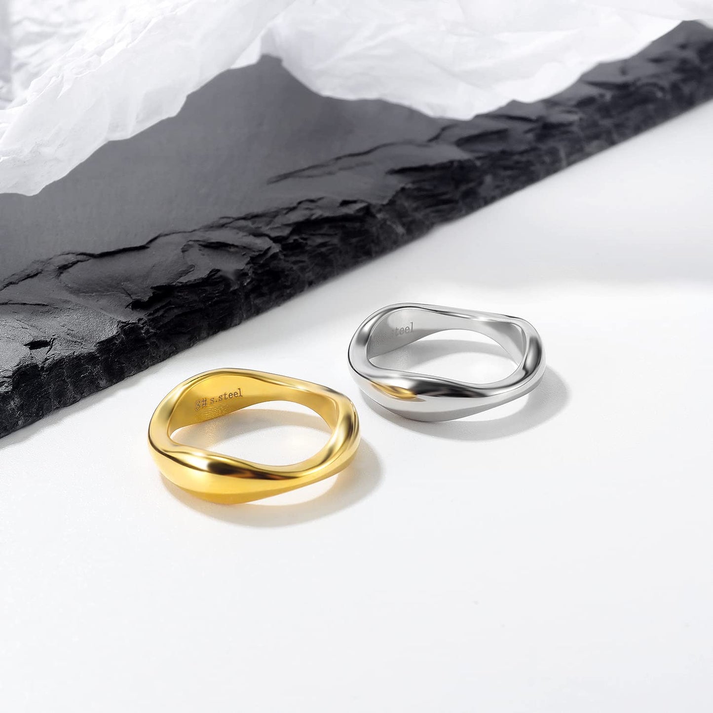 Rockyu 指輪 レディース チタン製 ゴールド＆シルバー 幾何デザイン 鏡面仕上げ