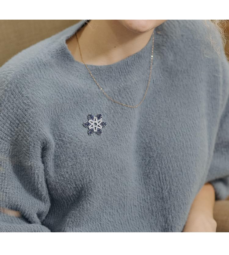 Rockyu ブローチ 男女兼用 雪の結晶 シルバー ブルー＆クリア ジルコニア ピンバッジ