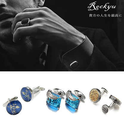 Rockyu メンズ カフス スクエア カラフル アートデザイン ジルコニア ステンレス スーツアクセサリー