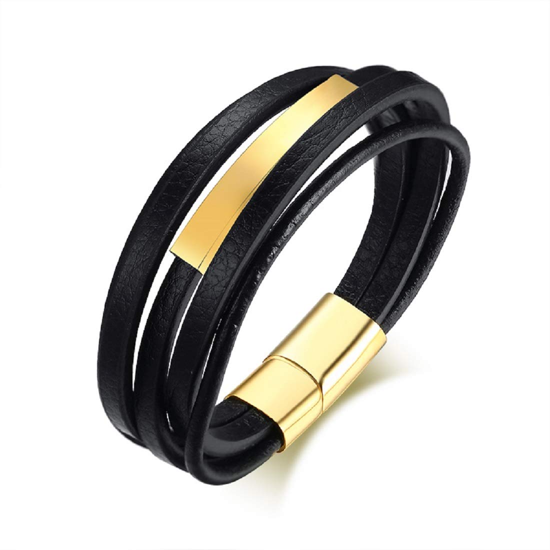 Rockyu ブレスレット メンズ ブラック レザー 多連 ステンレスプレート 金属アレルギー対応
