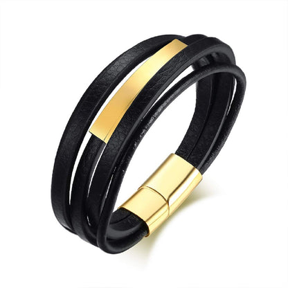 Rockyu ブレスレット メンズ ブラック レザー 多連 ステンレスプレート 金属アレルギー対応