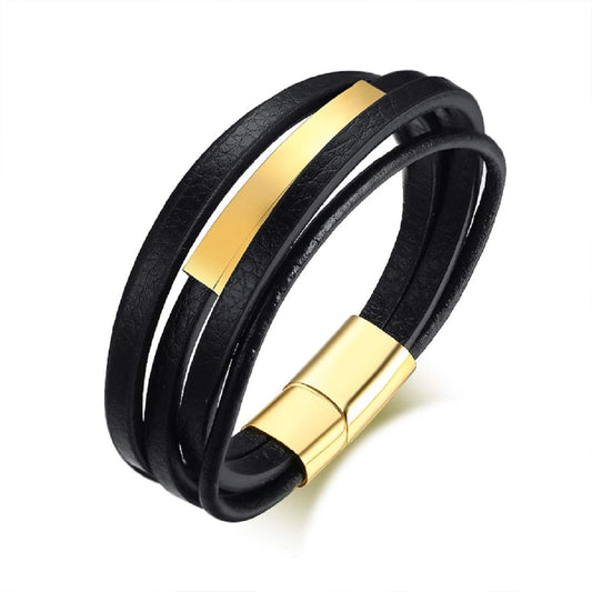 Rockyu ブレスレット メンズ ブラック レザー 多連 ステンレスプレート 金属アレルギー対応