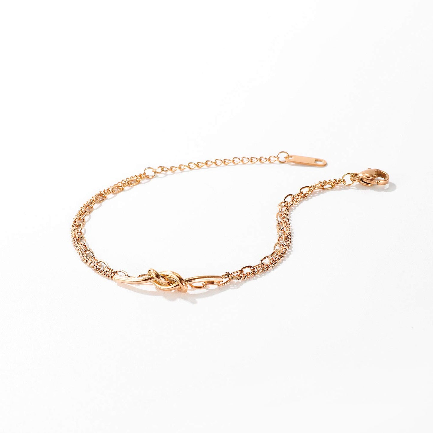 Rockyu ブレスレット レディース 18Kピンクゴールド 結び目モチーフ 2連チェーン
