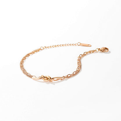 Rockyu ブレスレット レディース 18Kピンクゴールド 結び目モチーフ 2連チェーン