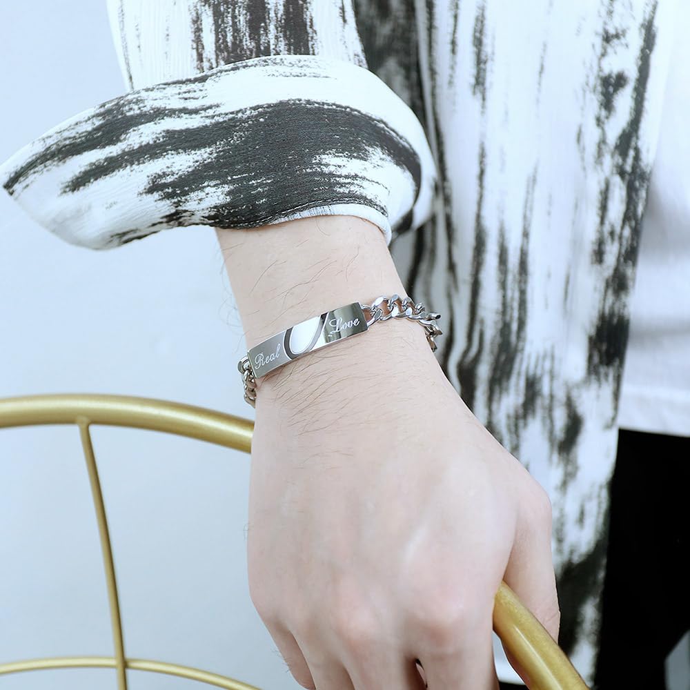 ペアブレスレット カップル お揃い メンズ レディース ステンレス製 金属アレルギー対応 Real Love 刻印 シルバー ブラック＆ピンク