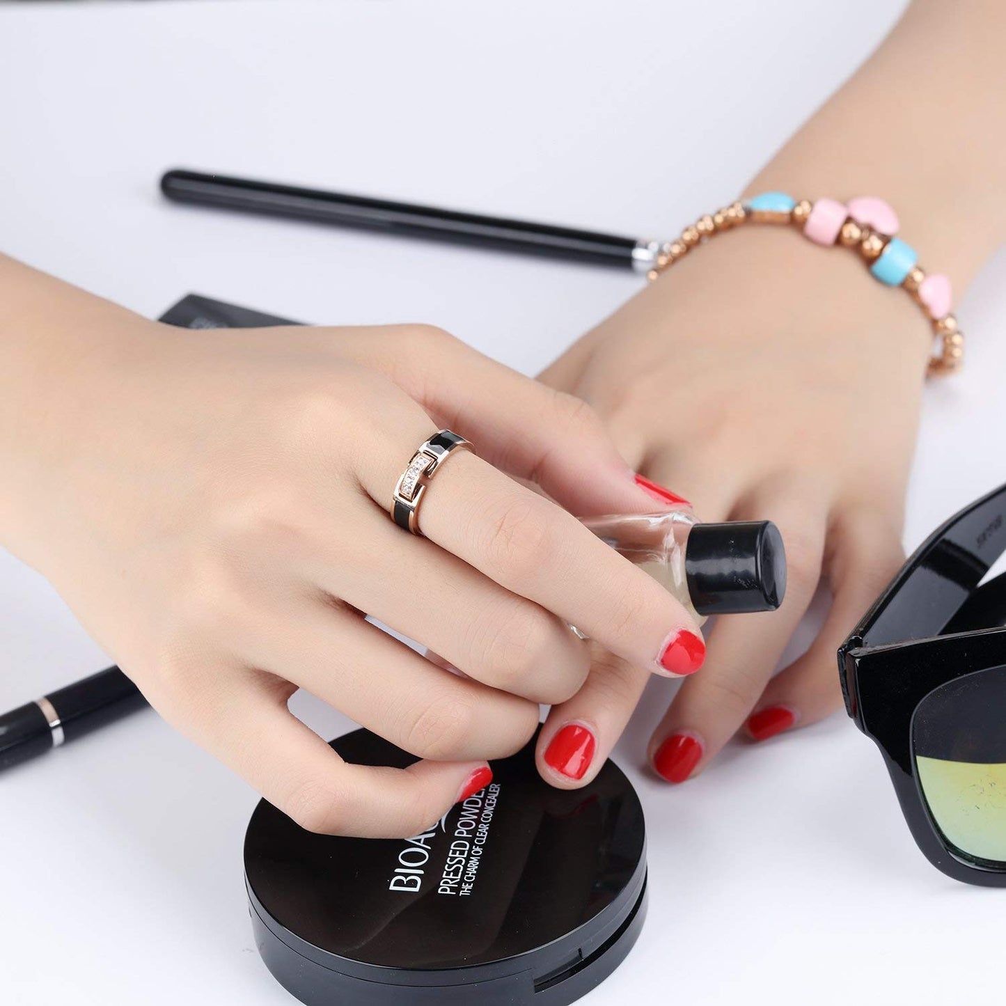 Rockyu ステンレスリング レディース ピンクゴールド ジルコニア×ブラック 5mm幅 指輪