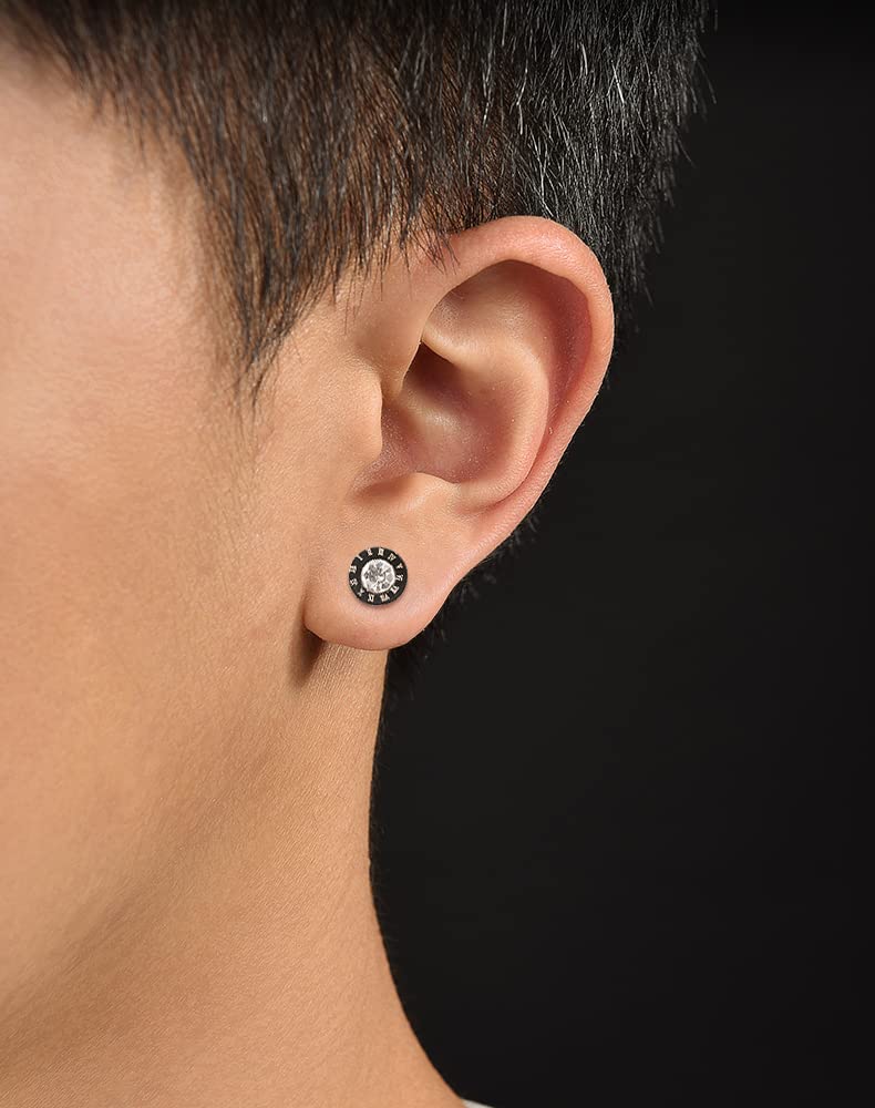 Rockyu ピアス メンズ ステンレス ブラック ローマ数字 ラウンド ジルコニア アレルギー対応