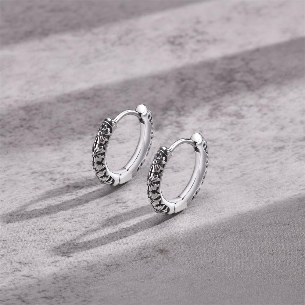 Rockyu メンズ フープピアス 雛菊モチーフ シルバー ステンレス 金属アレルギー対応 片耳用