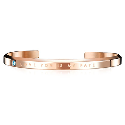 Rockyu ブレスレット ペア 人気 カップル メンズ レディース ピンクゴールド シルバー ブラック 黒 おしゃれ ブルージルコニア CZ 刻印 Love you is my fate C型 幅5mm 細い ペアバングル ステンレス 金属アレルギー対応 ファッション アクセサリー 彼氏彼女 誕生日 記念日 プレゼント (ピンクゴールド‐ペア)