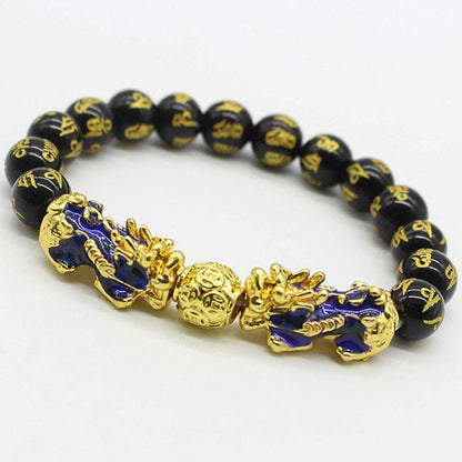 [Rockyu] 貔貅 六字真言バングル ブレスレット メンズ 18金メッキ おしゃれ ブラック 黒 数珠ブレスレット 御守 宗教風