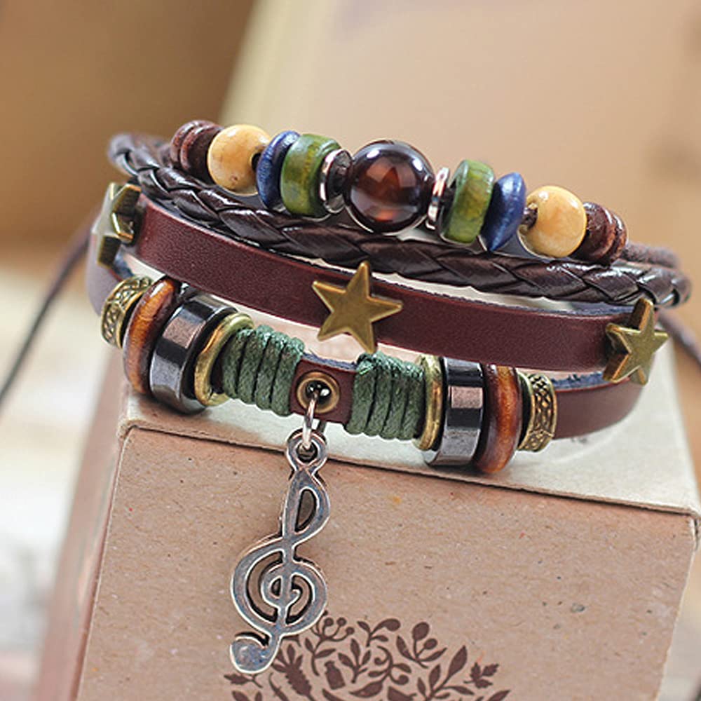 Rockyu ブレスレット メンズ レディース レザー 多連 星モチーフ 音符ペンダント 本革 編み込み ブラウン 数珠風 おしゃれ アクセサリー ギフト
