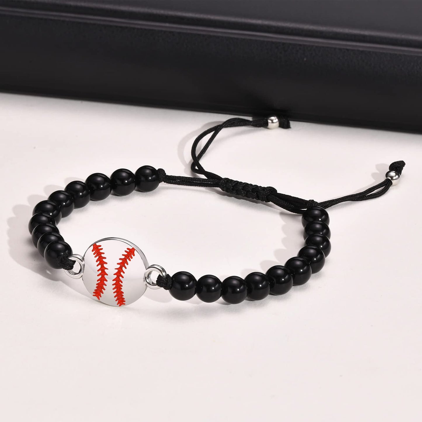 Rockyu ブレスレット メンズ レディース 野球ボールデザイン 数珠ブレスレット ブラック オニキス ステンレス 金属アレルギー対応 スポーツ ファン ギフト