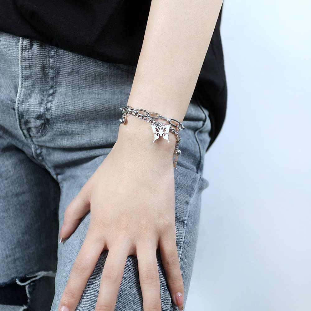 Rockyu ブレスレット レディース バタフライ シルバー プラチナメッキ チェーン