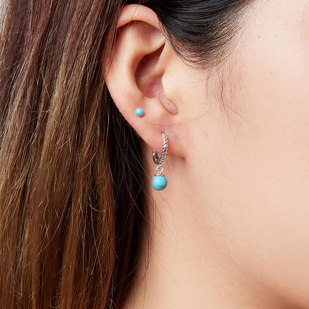 Rockyu シルバー925 ターコイズボール フープピアス（ツイストデザイン・両耳用）