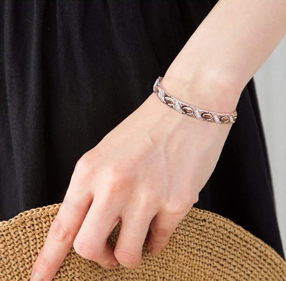 Rockyu チタン磁気ブレスレット レディース ジルコニア付 ゴールド／ピンクゴールド