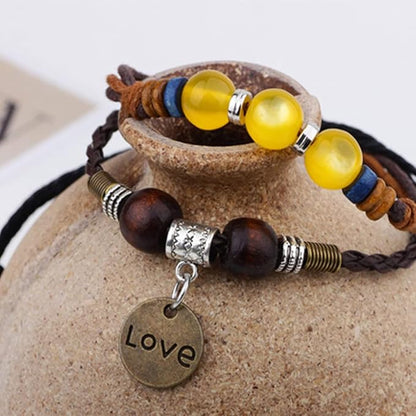 Rockyu ブレスレット メンズ レディース レザー ビーズ LOVEチャーム 多連 アジアン風 ブラウン 黄色ビーズ 編み込み 調整可能 アクセサリー ギフト
