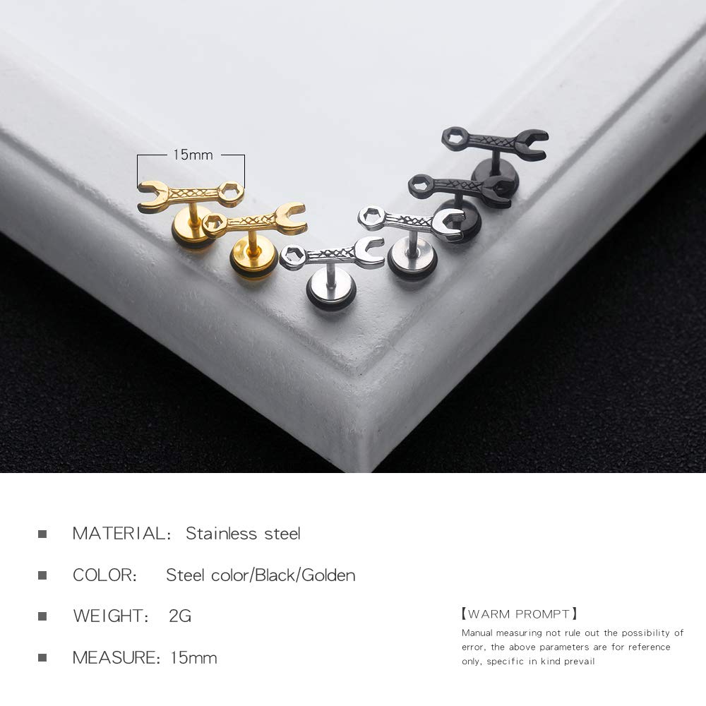 Rockyu メンズ スパナピアス ステンレス製 レンチモチーフ ブラック＆ゴールド 金属アレルギー対応