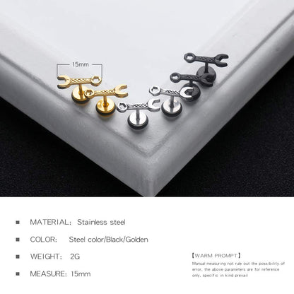 Rockyu メンズ スパナピアス ステンレス製 レンチモチーフ ブラック＆ゴールド 金属アレルギー対応