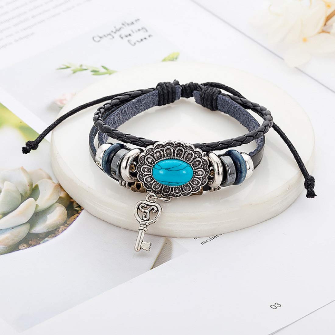 Rockyu ターコイズ キー チャーム付き レザーブレスレット メンズ レディース 調節可能