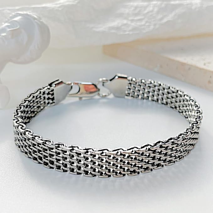 [Rockyu] ブレスレット メンズ シルバー ステンレスチェーン シンプル ファッション 2連チェーンブレスレット 幅広ブレスレット アレルギー対応 長さ21cm