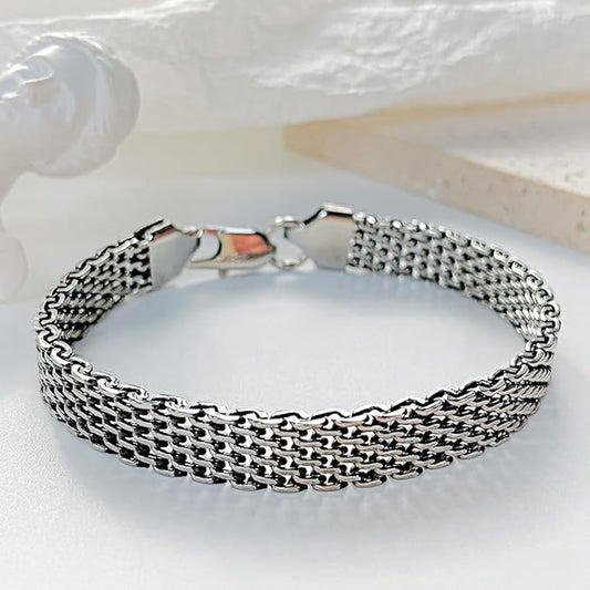 [Rockyu] ブレスレット メンズ シルバー ステンレスチェーン シンプル ファッション 2連チェーンブレスレット 幅広ブレスレット アレルギー対応 長さ21cm