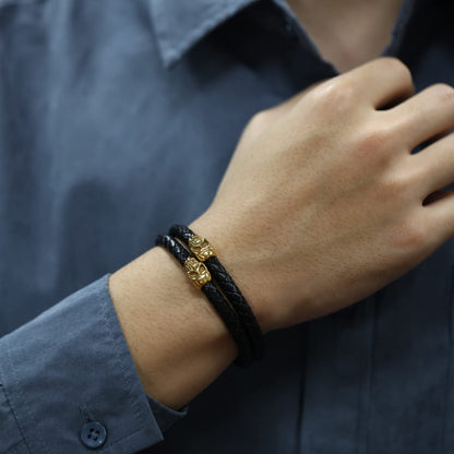 Rockyu メンズ スカル レザーブレスレット 2連 ドクロ ステンレス シルバー ゴールド ブラック