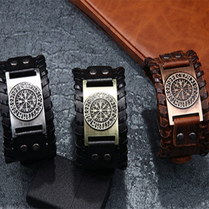 Rockyu 幅広レザーブレスレット メンズ 羅針盤プレート＆ルーン刻印 本革＆PU素材