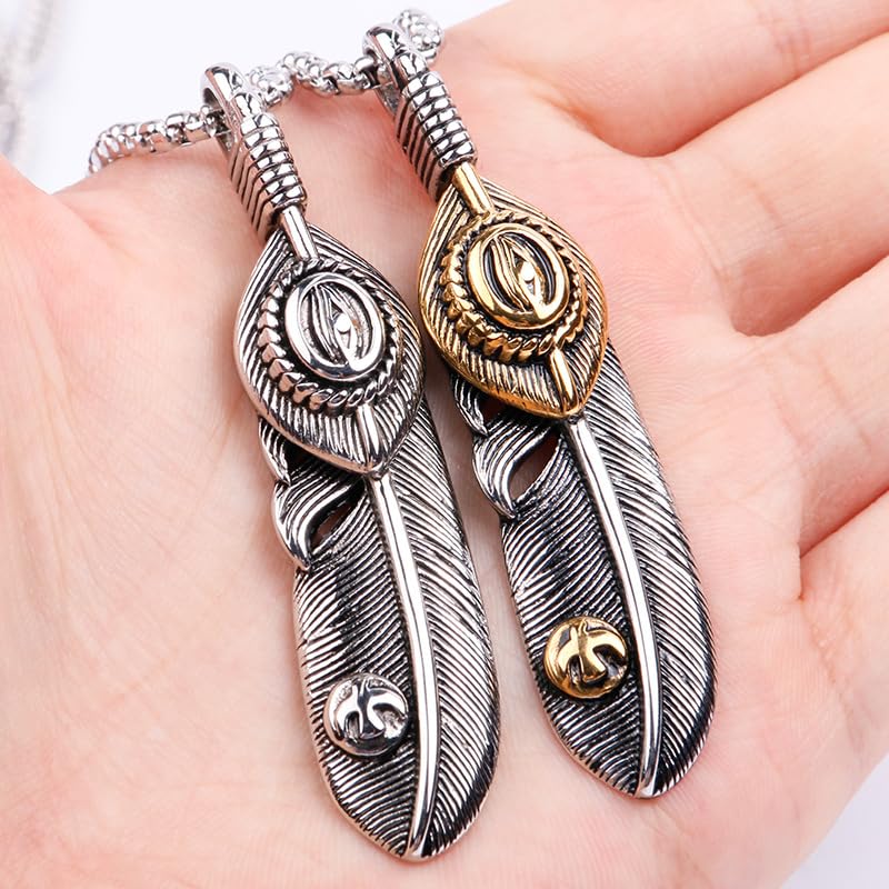 Rockyu ネックレス メンズ 羽根モチーフ ペンダント ステンレス製 ミラー仕上げ 金属アレルギー対応