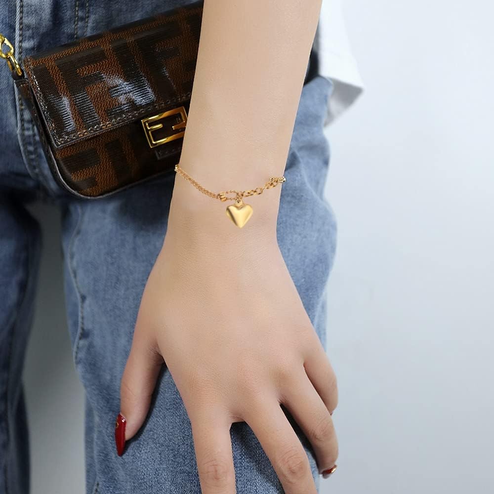 Rockyu レディース ハートブレスレット チタンステンレス アジャスタブル 金属アレルギー対応