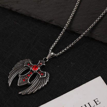 Rockyu クロスウィングネックレス メンズ ステンレス製 赤ジルコニア 十字架ペンダント