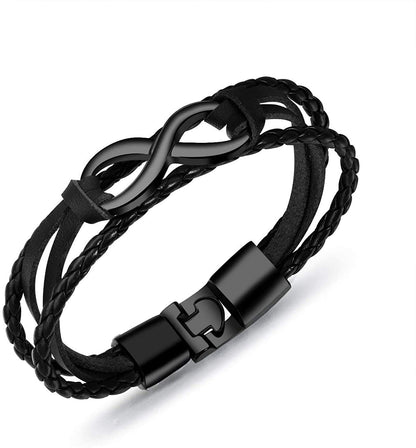Rockyu メンズレザー ブレスレット 無限大モチーフ ステンレス留め具 本革編み込みデザイン カジュアルアクセサリー