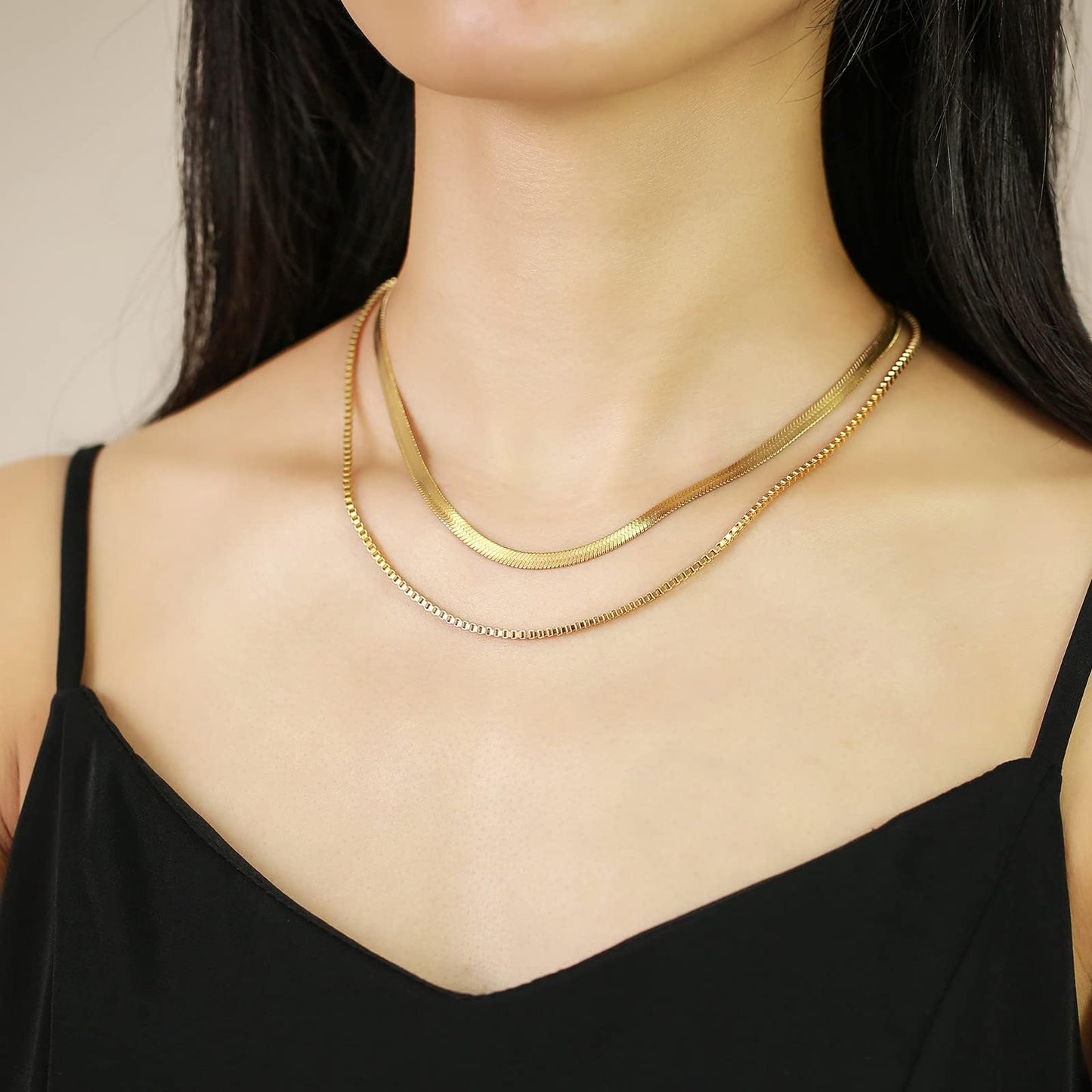Rockyu ネックレス レディース 二連 スネークチェーン ベネチアンチェーン ゴールド/シルバー 4mm&2mm 調整可能 ステンレス 金属アレルギー対応