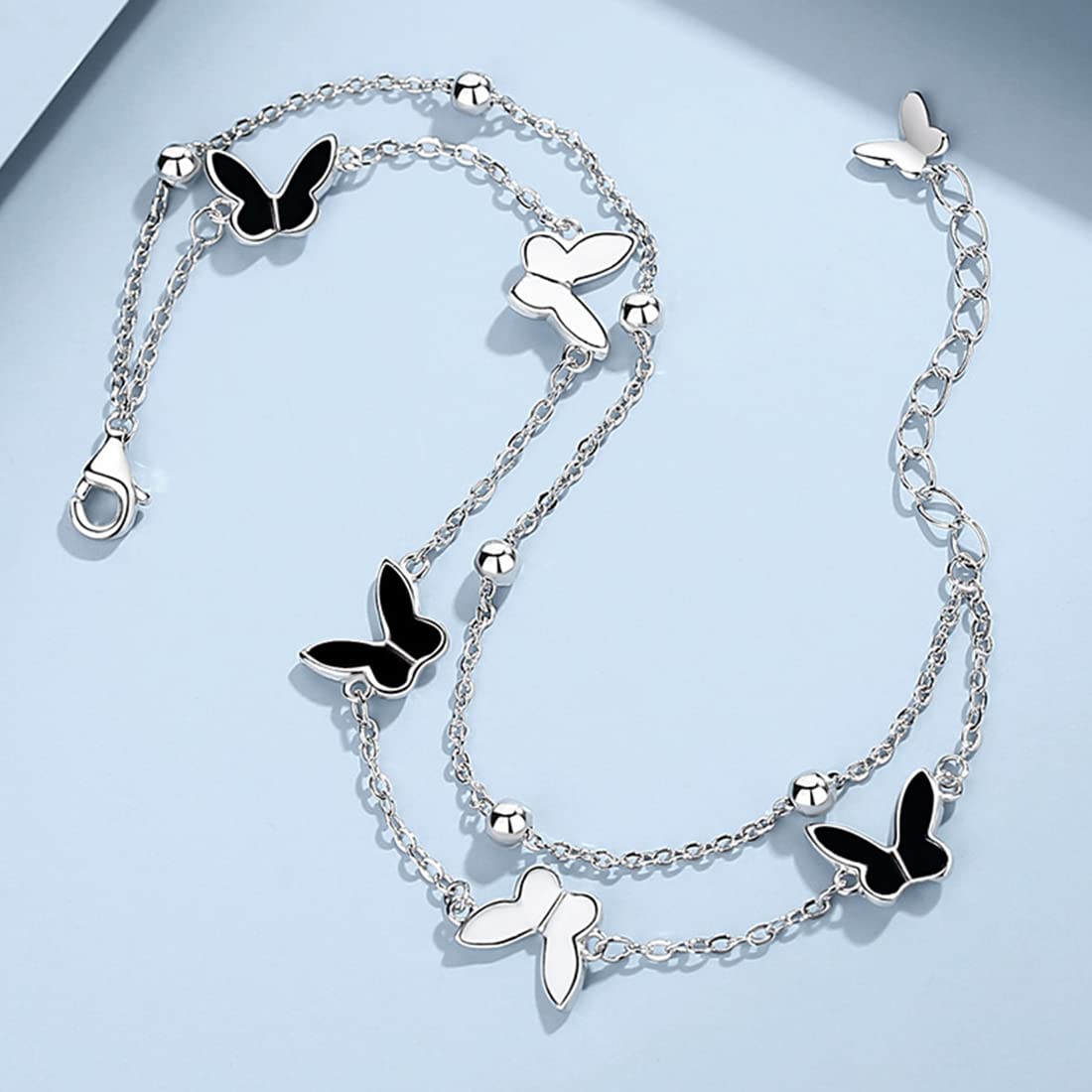 Rockyu ブレスレット レディース ピンクゴールド 18k エナメル 蝶々 バタフライブレスレット 二連チェーン 昆虫モチーフ誕生日 記念日 おしゃれ アクセサリー