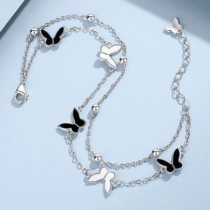 Rockyu ブレスレット レディース ピンクゴールド 18k エナメル 蝶々 バタフライブレスレット 二連チェーン 昆虫モチーフ誕生日 記念日 おしゃれ アクセサリー