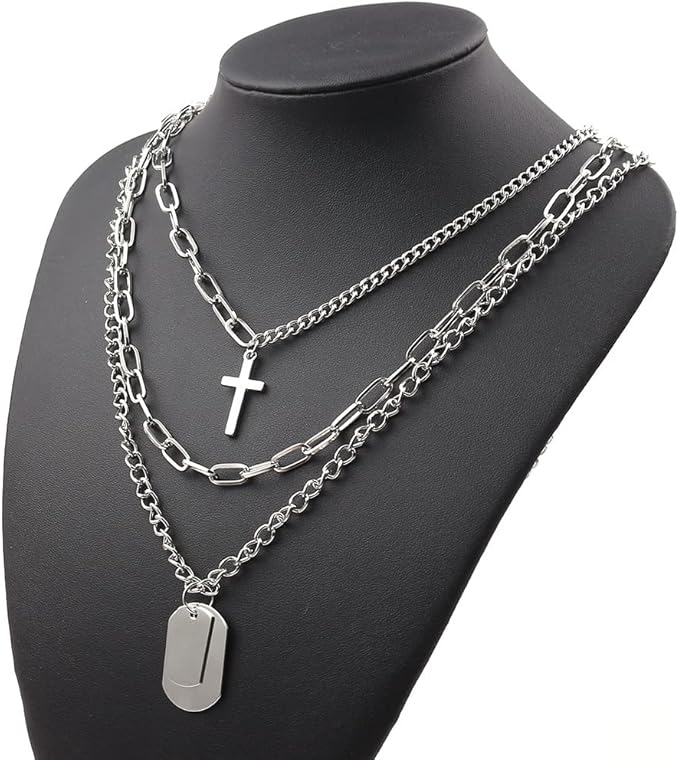 Rockyu レディース三連ネックレス クロスチャームとプレート付きチェーンペンダント