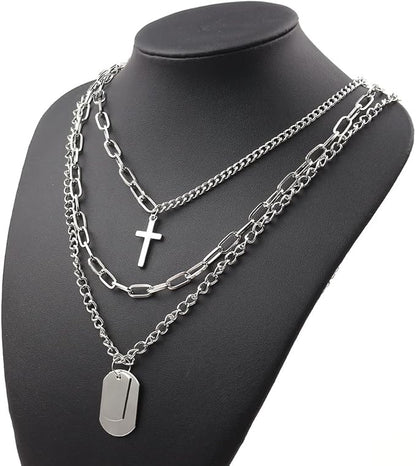 Rockyu レディース三連ネックレス クロスチャームとプレート付きチェーンペンダント