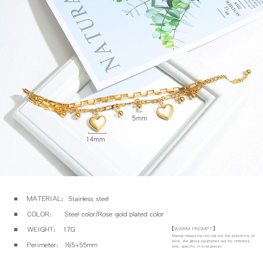 Rockyu ハートチャーム バングルブレスレット レディース ステンレスチェーン 3色展開