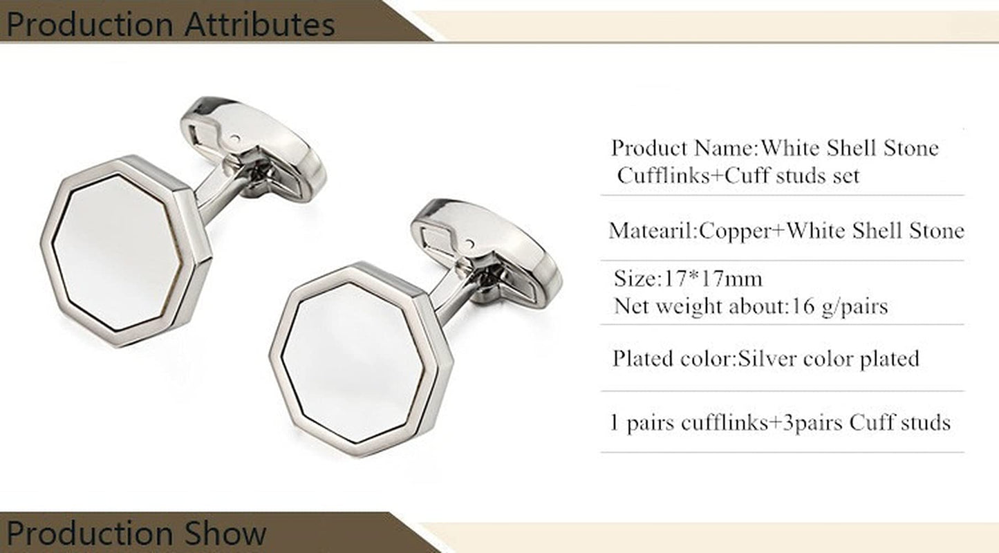 Rockyu カフスボタン メンズ 八角形 シルバー 白蝶貝 ステンレス カフスセット