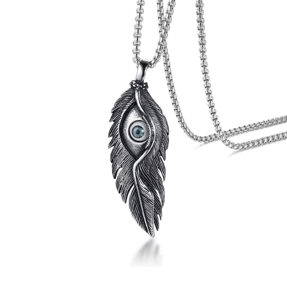 Rockyu メンズ ネックレス ペンダント 羽 根 アイモチーフ チタン ステンレス レトロ アンティーク風