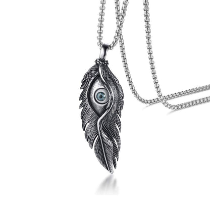 Rockyu メンズ ネックレス ペンダント 羽 根 アイモチーフ チタン ステンレス レトロ アンティーク風