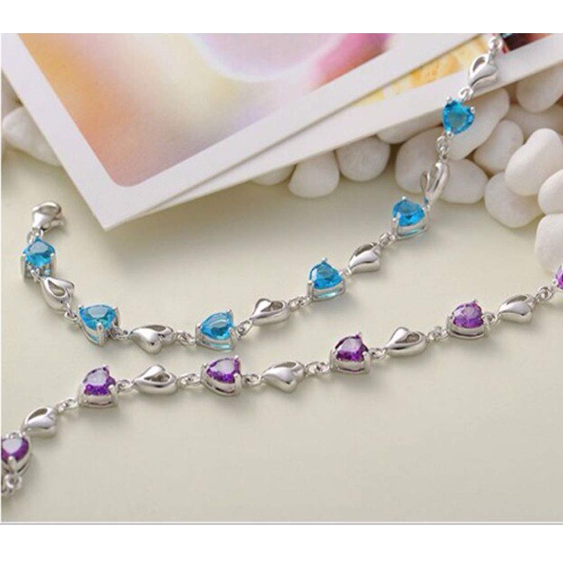 Rockyu ハートクリスタルブレスレット レディース – アレルギー対応 細身シルバーチェーン（全4色）